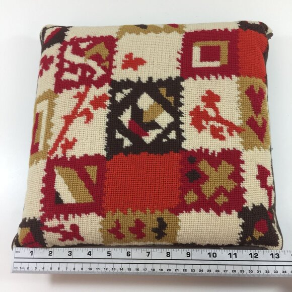 Vintage Handmade Needlepoint Pillow Home Decor Brown Yellow Orange Floral 13" - Picture 6 of 7